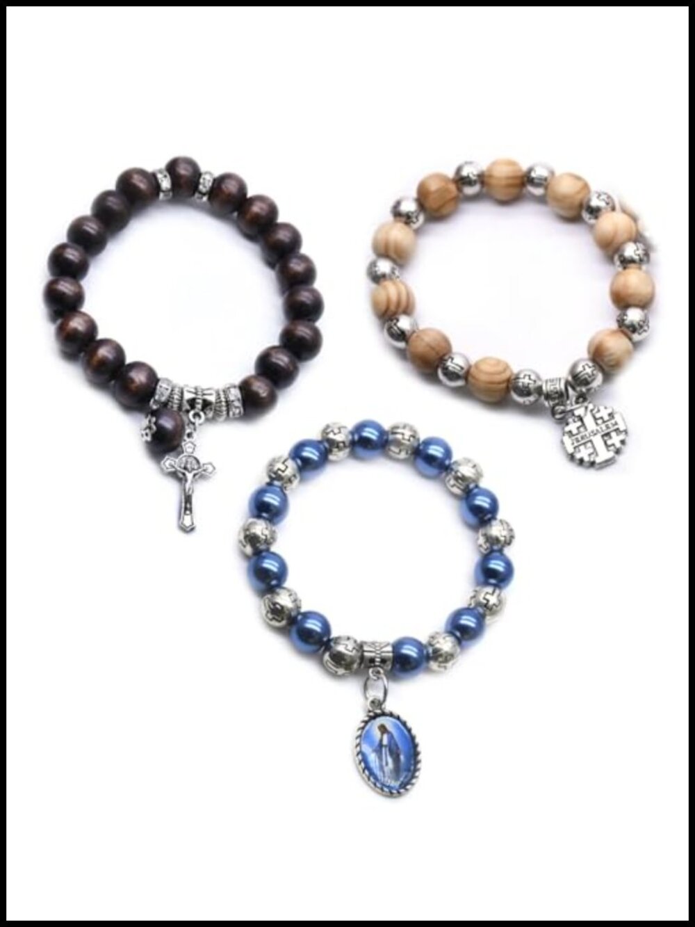 3 PCS Wood Beaded Cross Bracelet 8mm Stretch Religious Bangle for Men Women